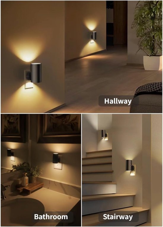 Ynkkvre -Nachtlampje Stopcontact - 2 stuks LED-nachtlampjes met stekker - Nachtlampjes met stekker, schemersensor - 5-300 lm, instelbare helderheid - 2700K - Dimbare nachtlampjes voor keuken, hal, slaapkamer en trap - Zwart van Ynkkvre — afbeelding 4
