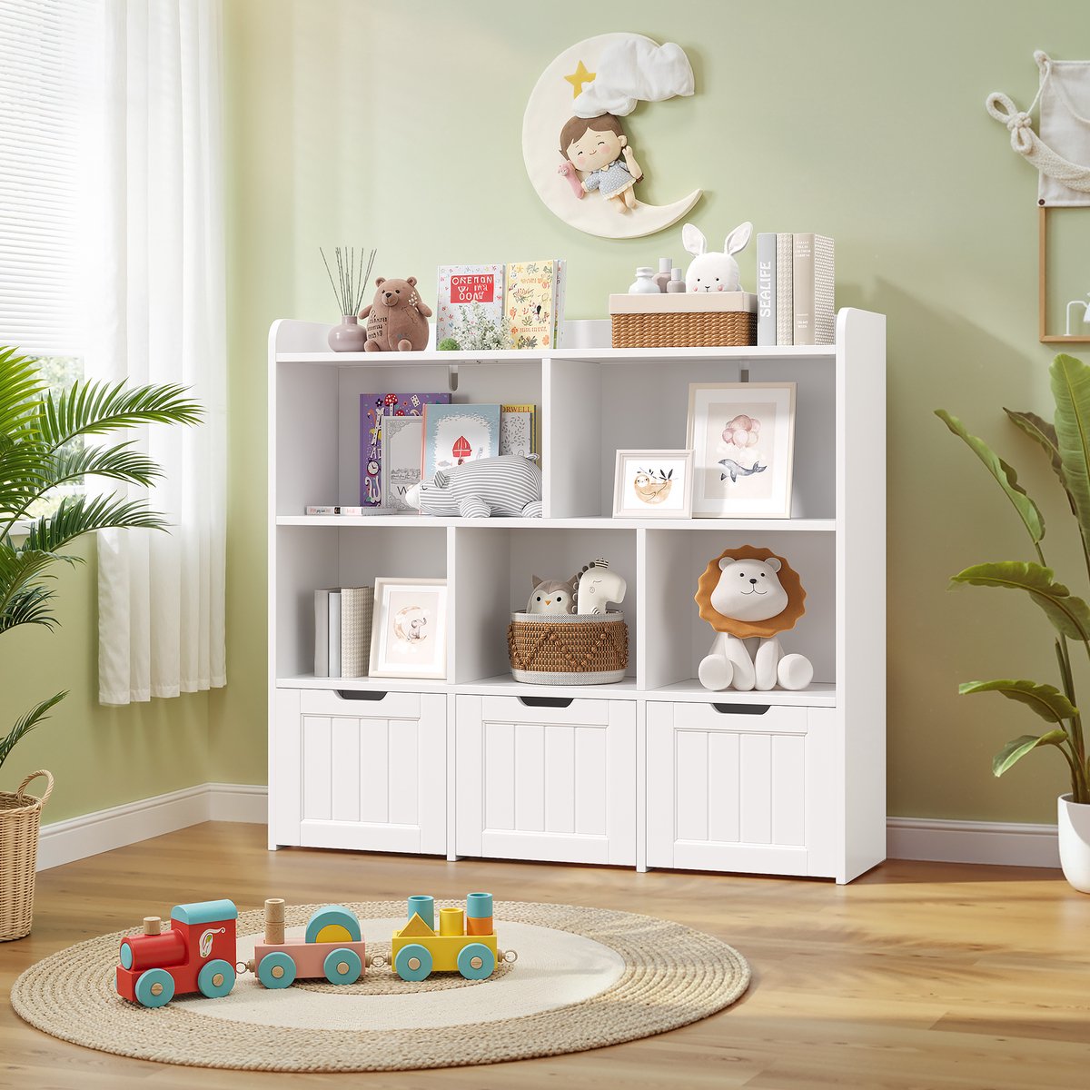 Xbro Speelgoedkast Voor Kinderen, Kinderboekenkast met 3 Laden en 5 Open Opbergruimtes, Kinderkast, Geschikt voor Kinderen vanaf 3 Jaar, 100 x 30 x 90 cm, Wit