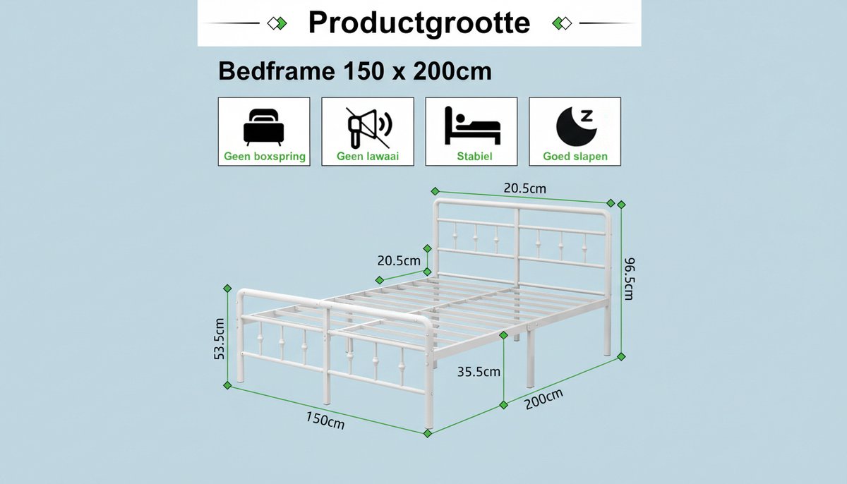 Metalen Bedframe 150x200 cm Wit – Duurzaam King Size Bed met Victoriaans Hoofdeinde en Voetenbord, Stalen Lattenbodem, Stil en Heavy Duty, Casa Velluto