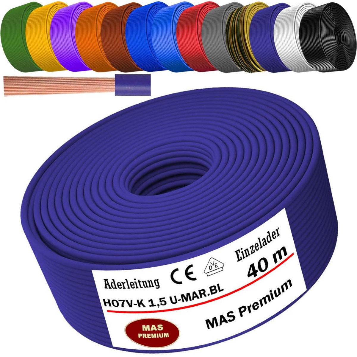 Flexibele Enkelader Kabel H07V-K 1,5mm² Blauw Diverse Lengtes