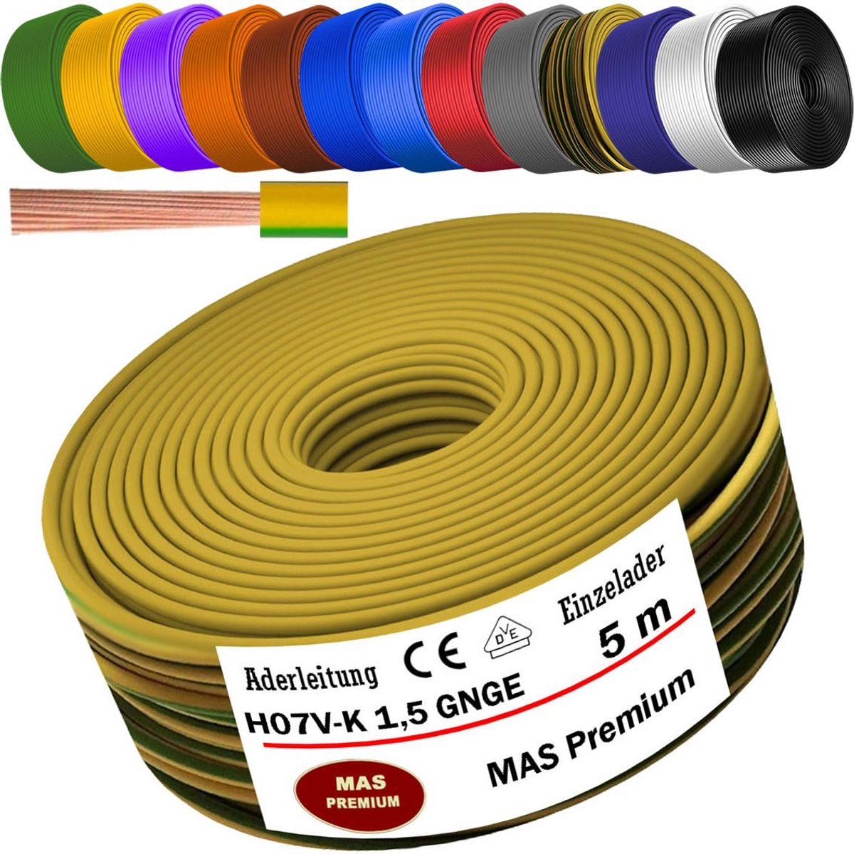 Flexibele Enkelader Kabel H07V-K 1.5 mm² Groen/Geel per Meter