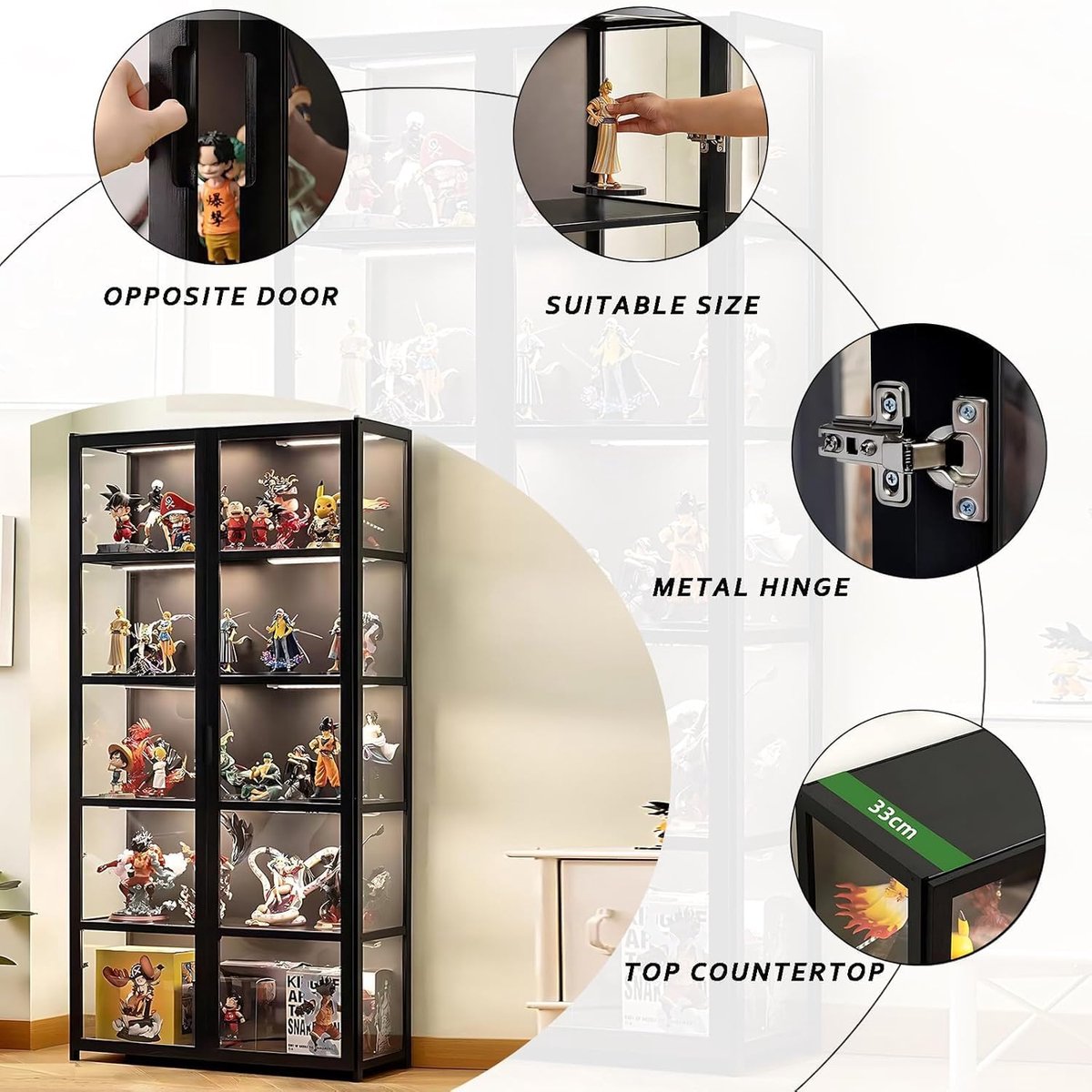 Vitrinekast Casa Velluto 5-planken Staande Displaykast – Modern Bamboe Boekenkast met Acryldeuren – Stofdicht Vitrine voor Woonkamer, Thuiskantoor, Speelkamer en Verzamelobjecten – Dubbele zwarte deur