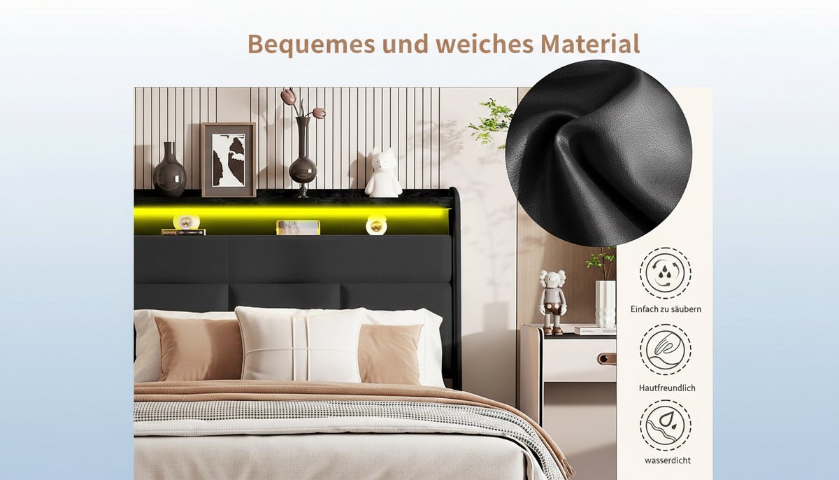 Opbergbed 160x200 cm – Casa Velluto Noir Elite Luxe Tweepersoonsbed met LED-verlichting, USB-aansluiting, Hydraulische Opbergruimte, Gestoffeerd Hoofdbord & Voeteneinde, Lattenbodem – Zwart PU-leer