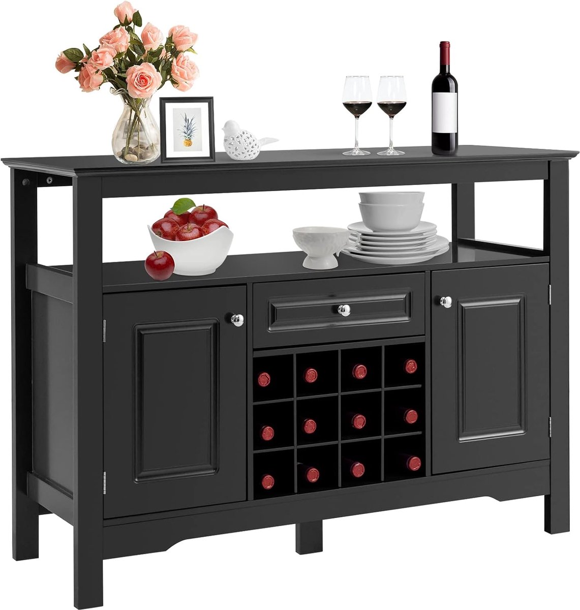 KOMFOTTEU Dressoir keukenkast met wijnflessen, buffetkast, wijnkast, hout, bijzetkast, keuken, commode 116 x 40 x 82 cm, voor woonkamer, keuken, eetkamer, zwart