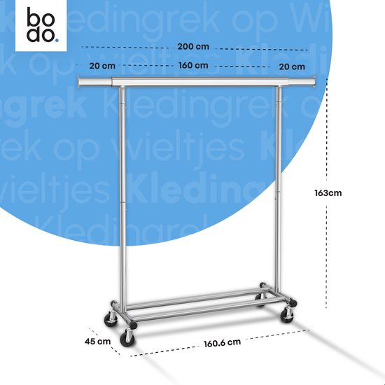 Zilverkleurig metalen kledingrek met maten: 45cm breed, 160.6cm lang, 163cm hoog. Bovenstang 200cm breed, uitschuifbaar tot 20cm per kant.