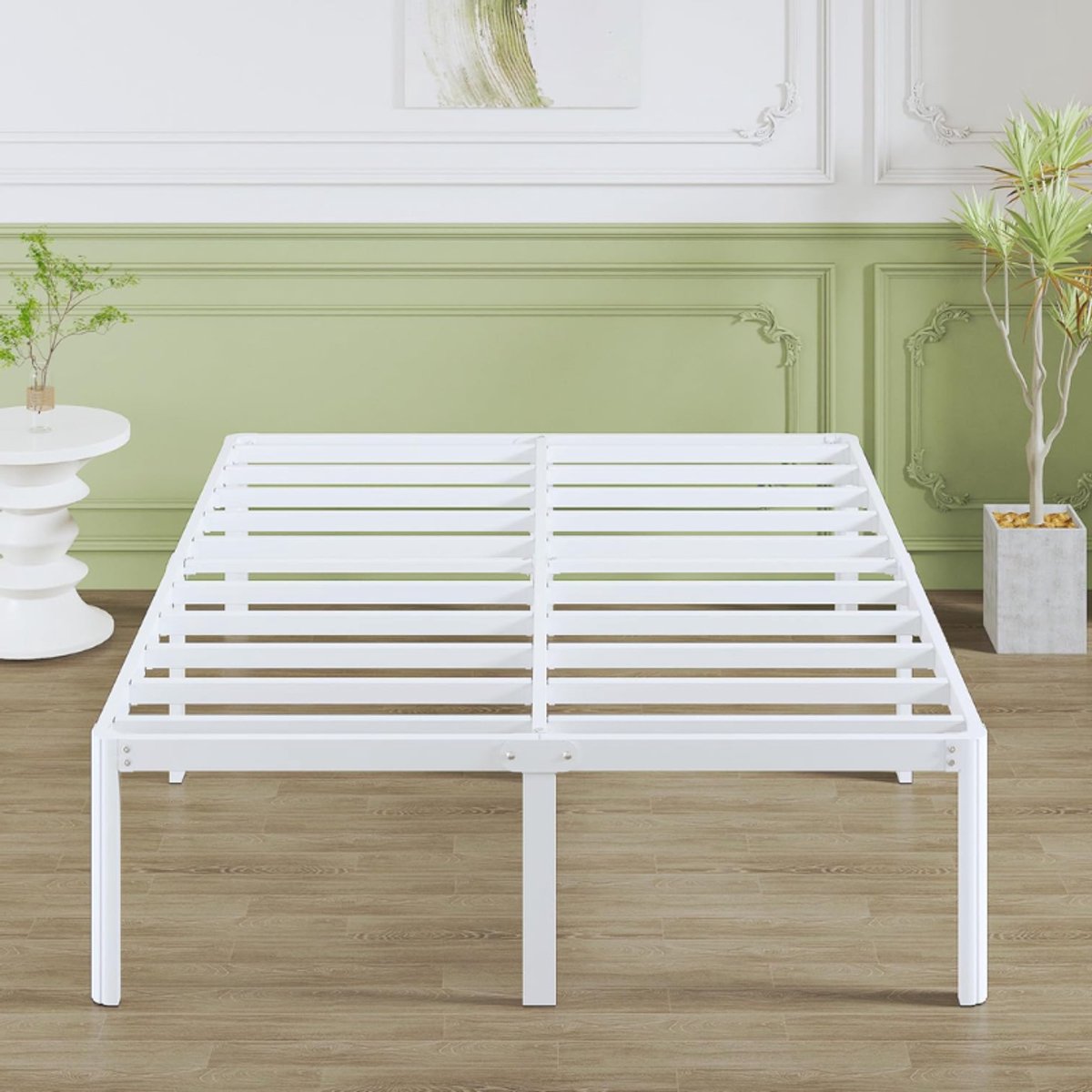 Modern Metalen Bedframe 140 X 190 Cm - Afgeronde Hoeken - Bedhoogte 46 Cm - Met Lattenbodem - Extra Opbergruimte - Stil En Stevig - Wit