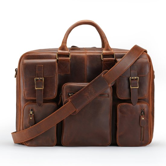 Bruine XL leren laptoptas met vele buitenvakken, een schouderband en deksels met gespen.