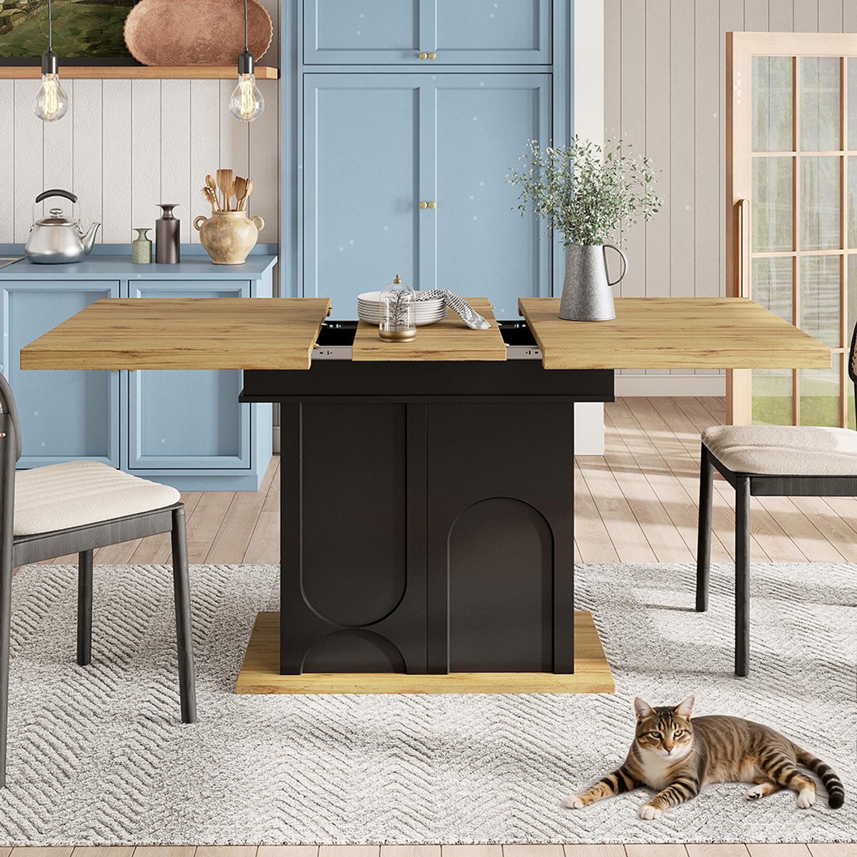 KOMHTOM BLACKCOLORS - Eettafel - Telescopisch (110-140×80 cm) - Opklapbaar & uitschuifbaar - Voor 4-6 personen - Met opbergkast - Ruimtebesparend - Geschikt voor keuken/woonkamer Zwart, naturel