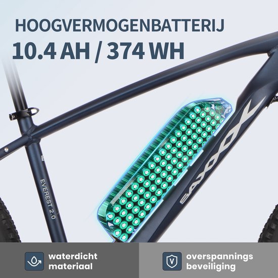 SAXXX Everest - Elektrische Fiets - 95% Vooraf Geassembleerd Mountainbike - 374Wh Verwijderbare Accu - 90 km Actieradius - 27.5 Inch Wielen - Shimano 7 Versnellingen - Hydraulische Schijfremmen - Achterwielmotor 250W - Aluminium van Saxxx — afbeelding 3