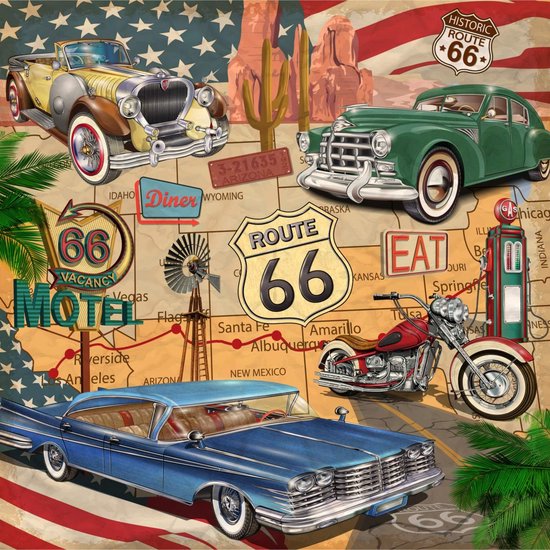 Servetten Route 66 | Auto's | Oldtimer | Amerika | Vintage | 20 stuks | 33x33cm