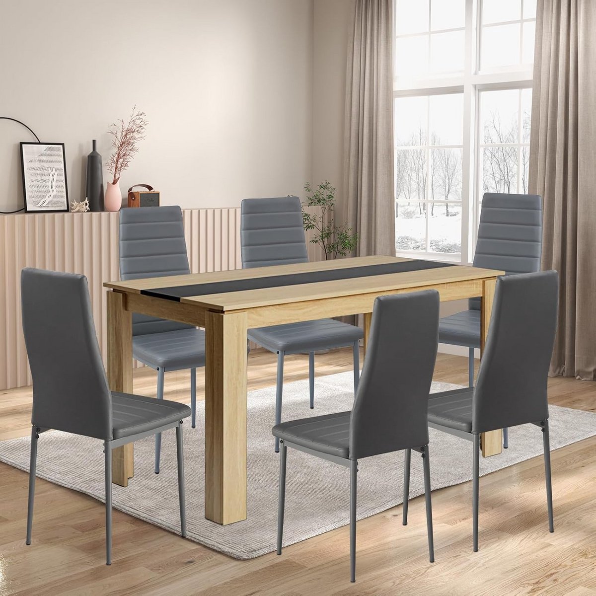 Eetkamergroep met tafel en 6 stoelen - rechthoekige tafel in eiken-zwart met kunstleren st