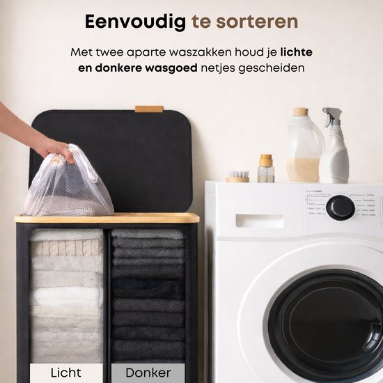 ACAZA Panier à Linge - Trieur de Linge - Panier à Linge avec Couvercle - Panier à Linge 2 Compartiments - Bamboe - 130L - Zwart