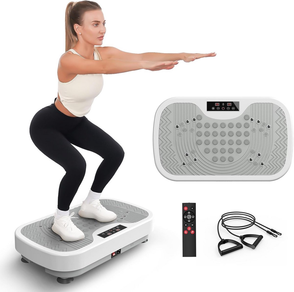 Vibratieplaat voor thuis | 9 trilprogramma's | 99 intensiteiten | afstandsbediening | weerstandsbanden | belastbaar tot 150 kg | voor gewichtsverlies & spieropbouw
