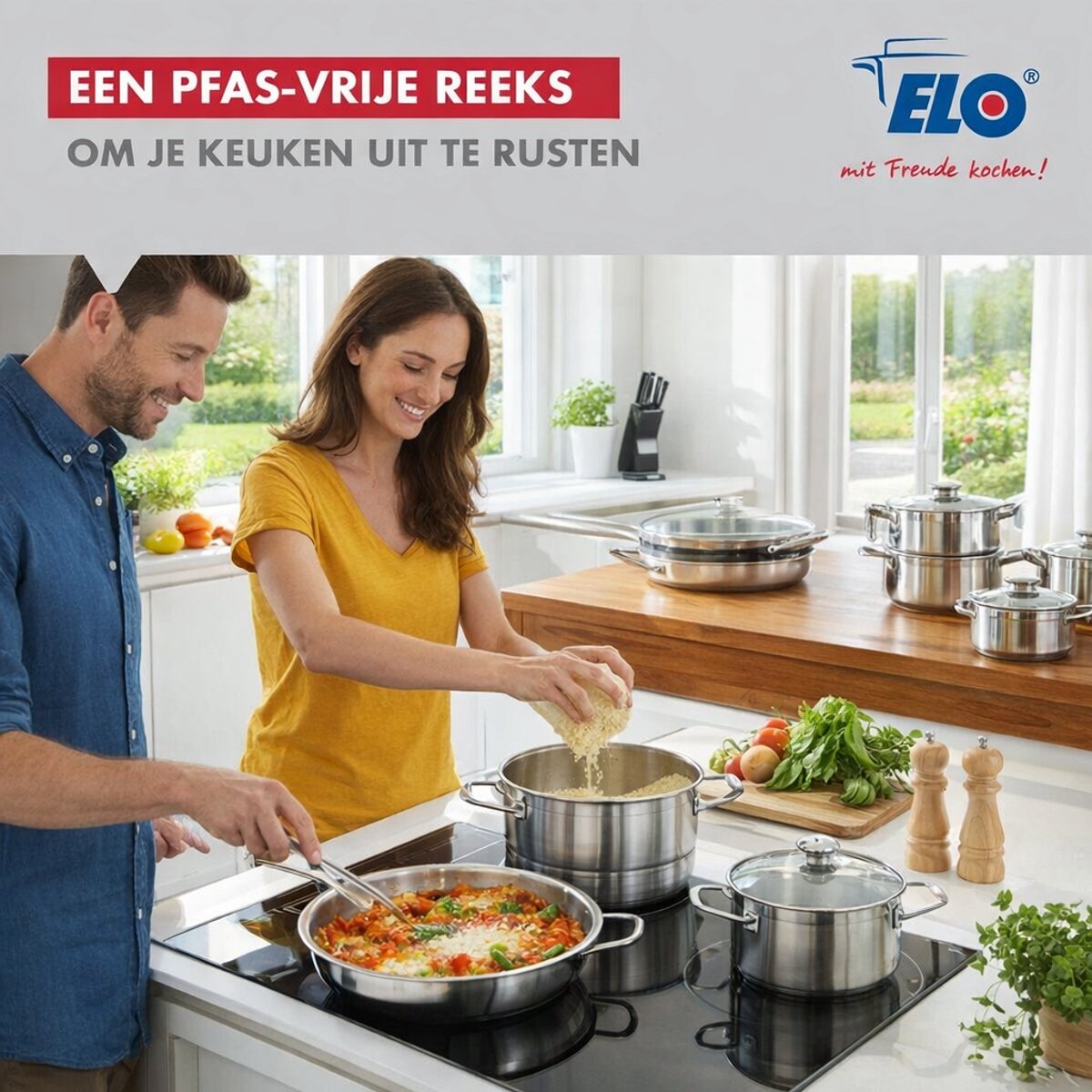 Set van 2 Bakpannen 28 en 32 cm en 3 Kookpotten 12, 16 en 20 cm Elo Profi Brillant
