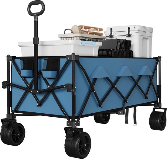 Opvouwbare Bolderkar 132cm - 350L Strandwagen met Rem & Bekerhouders - 210 kg Draagvermogen - All‑Terrain Strandkar voor Camping, Tuin & Vakantie - Zwart - Blauw — afbeelding 5