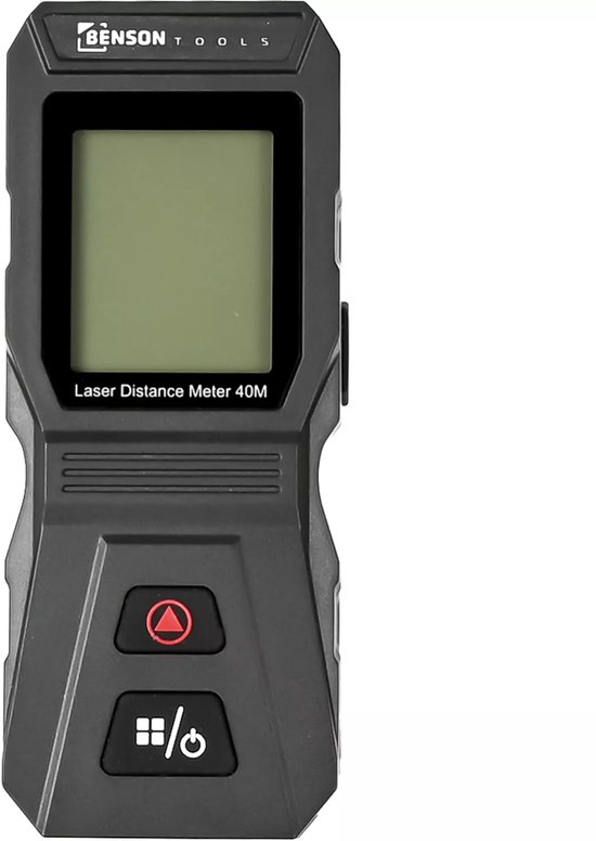 Zwarte Benson laser afstandsmeter 40M met LCD-scherm en rode en witte knoppen.