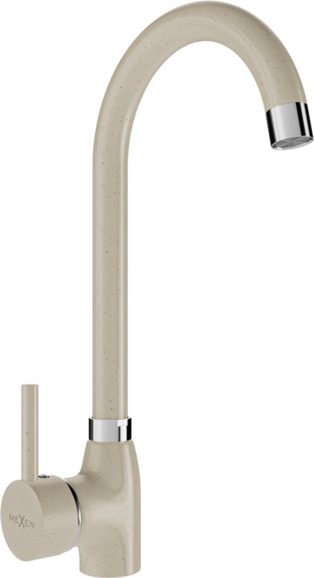 Beige keukenkraan met een hoge, gebogen uitloop en een hendel aan de zijkant. De kraan heeft een subtiele spikkelprint.