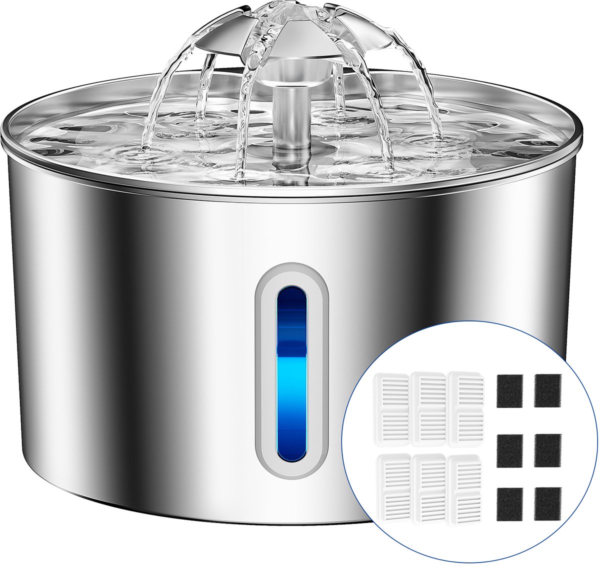 BalimoPet Drinkfontein Kat en Hond - 2.5L - RVS - Waterfontein met Venster - Kattenfontein - Fluisterstil - Incl. 6 Filters en 6 Sponzen + Cleaning tool - Waterdispenser - Kattenfontein
