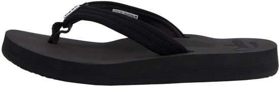 Zwarte Reef teenslipper met brede band en metalen detail.