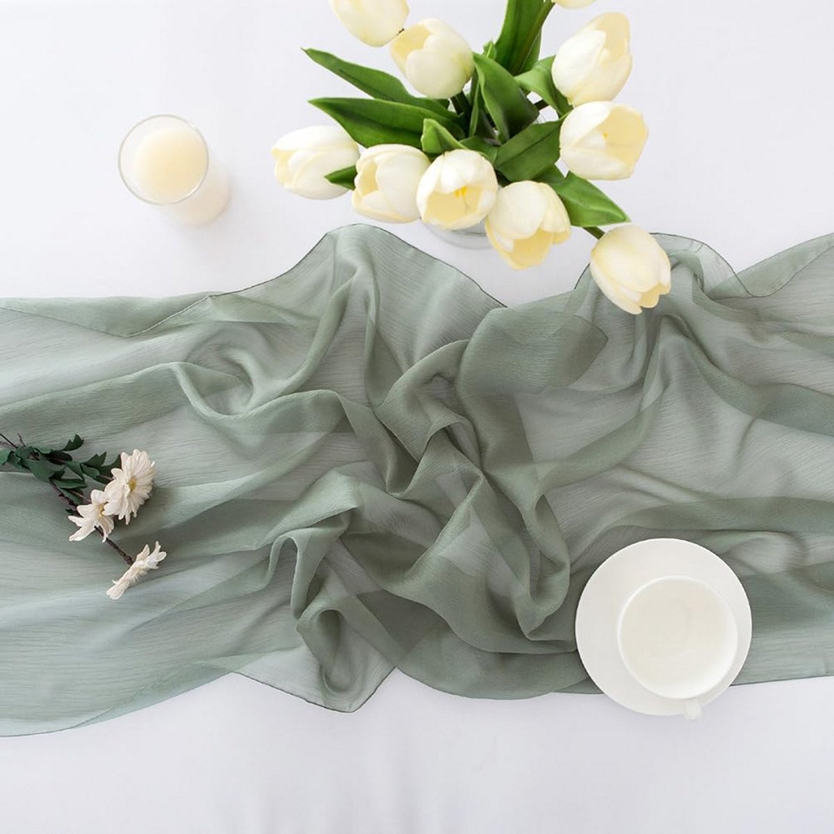Lange Tafelloper Chiffon Mintgroen Saliegroen voor Bruiloft of Feest 70x400 cm