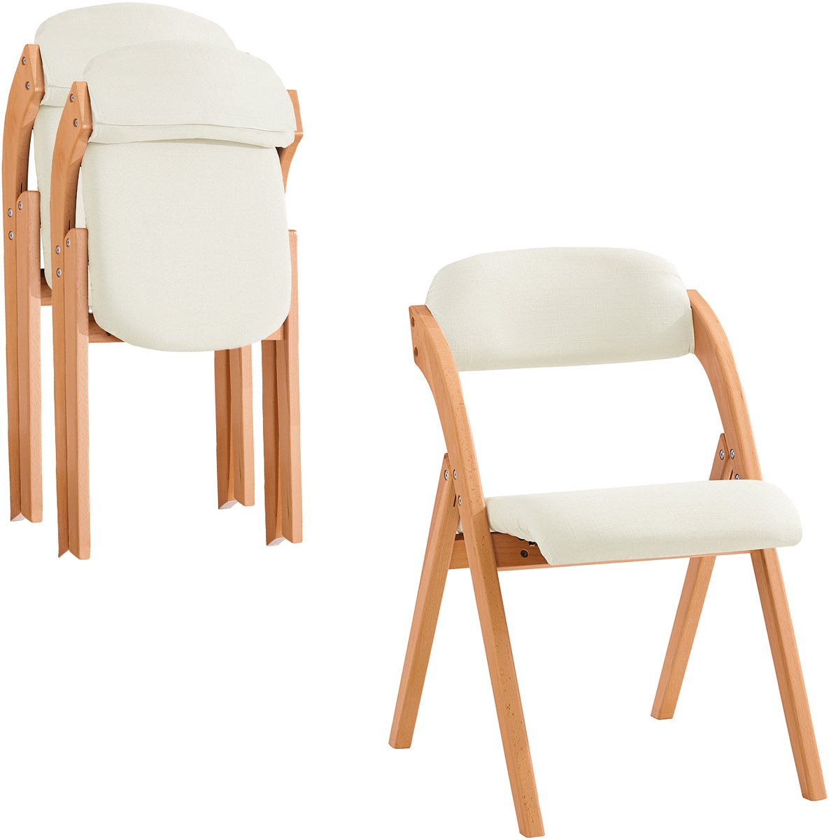 SoBuy Set van 2 Klapstoel, Bureaustoel met Gestoffeerd Zitkussen, Eetkamerstoel, Natuur/Wit, 47.5x77x59 cm, FST92-Wx2 - voor eetkamer, balkon of kantoor