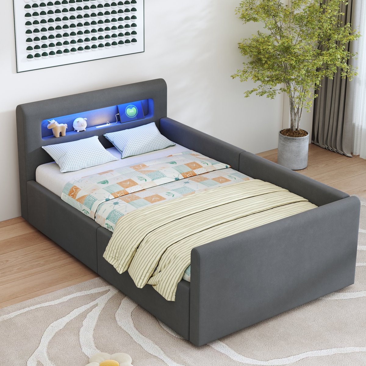 MODFU Kinderbed 90x200 cm – fluweel donkergrijs – met LED via telefoon, USB en hydraulische opbergruimte – modern design