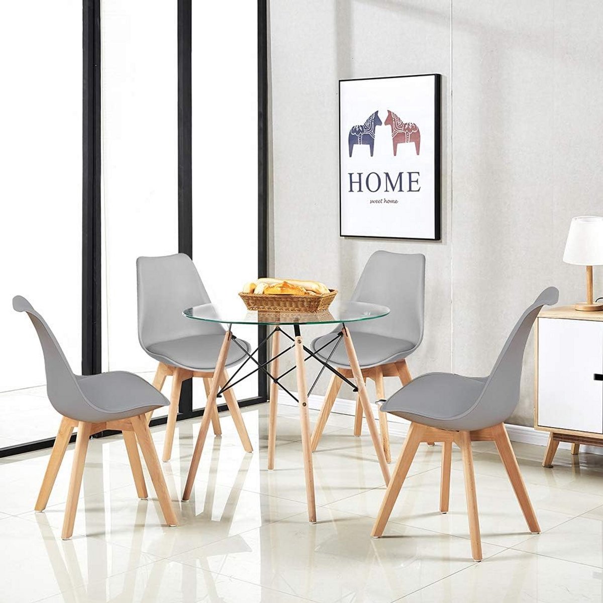 Ronde Eetkamerset met 4 Moderne Tulip Stoelen - Glazen Tafelblad en Houten Poten