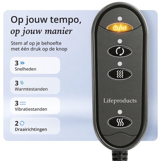 Afstandsbediening voor massagekussen met 3 snelheden, 3 warmtestanden, 3 vibratiestanden en 2 draairichtingen.