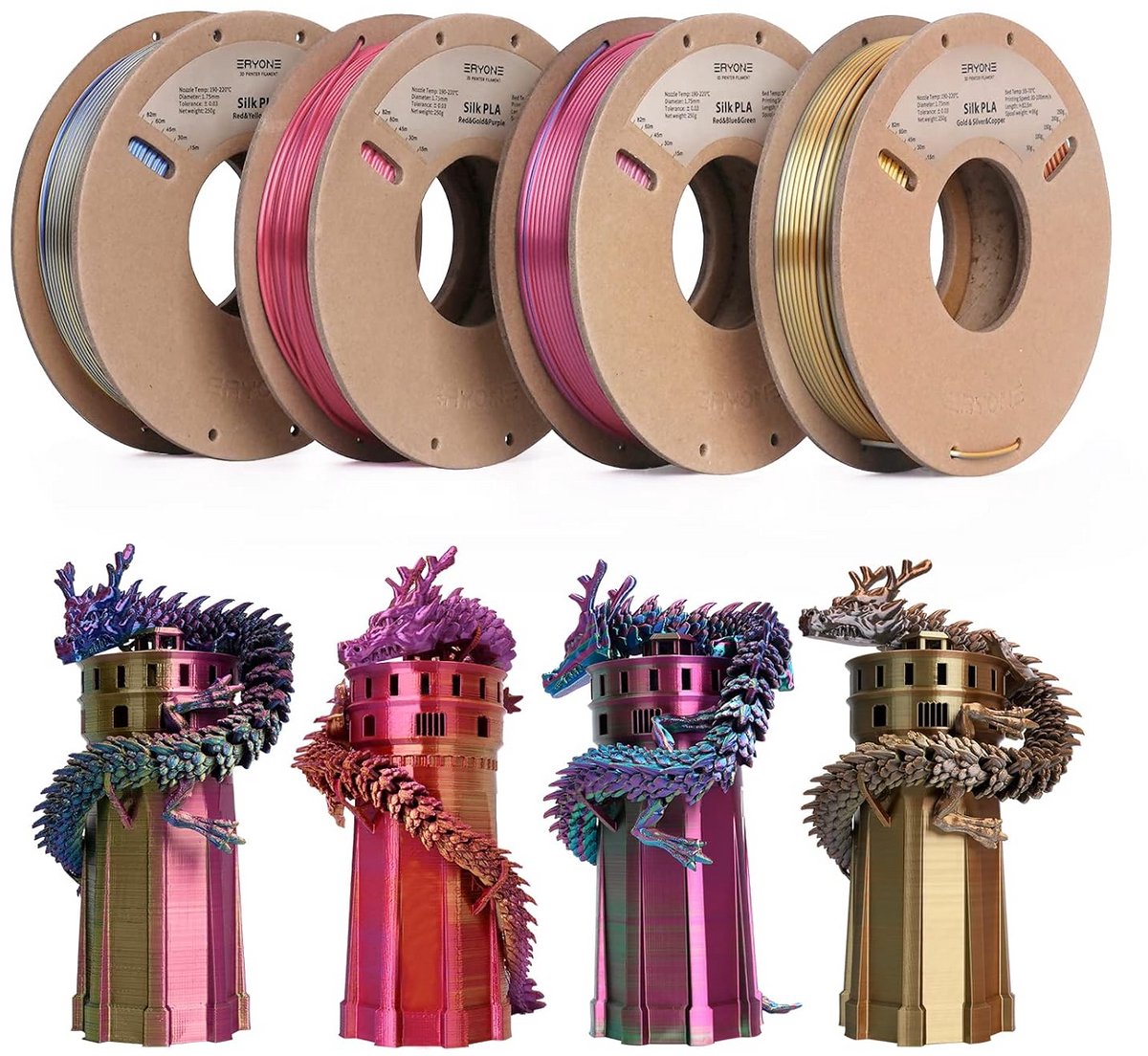 3D Printer Filament Set 1.75mm Zijde PLA, 4-Pack Multi-kleur Sets, Hoge Precisie +/-0.02mm
