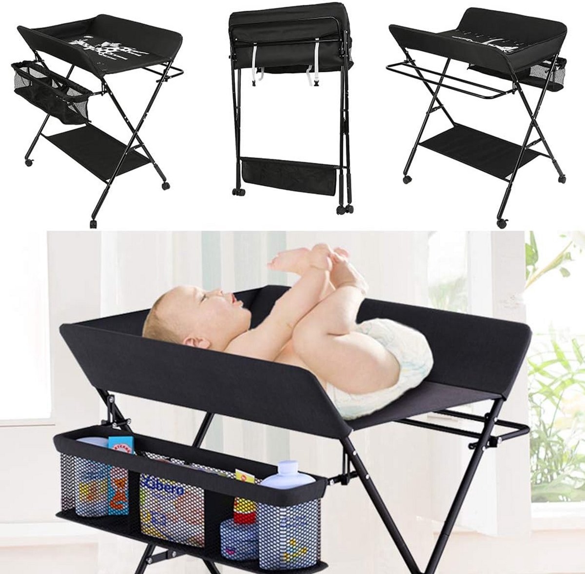 Vouwbare en Draagbare Babykleurentafel met Hoogteverstelling en Wielen - Girafpatroon - 74 x 63 x 92-98 cm - Zwart