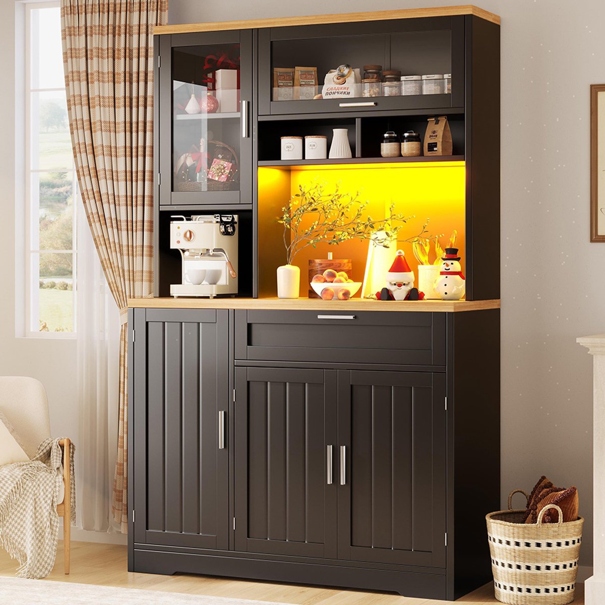 BLACKCOLORS Hoge keukenkast - vitrinekast met LED-verlichting - Zwart - 104x40x180 cm - voor keuken & woonkamer