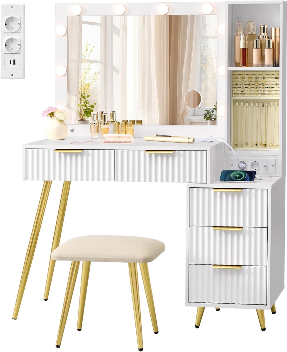 FurnStar Kaptafel met Kruk & Spiegel – Cosmeticatafel met Lades – 10x Vergrotende Spiegel – LED Verlichting – Sieradenlade – Oplaadstation – 40 x 110 x 135 cm – Wolkenwit