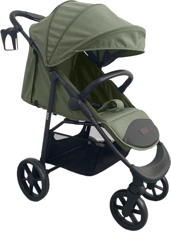 Poussette Novi verte avec dossier réglable, repose-pieds et porte-gobelet.