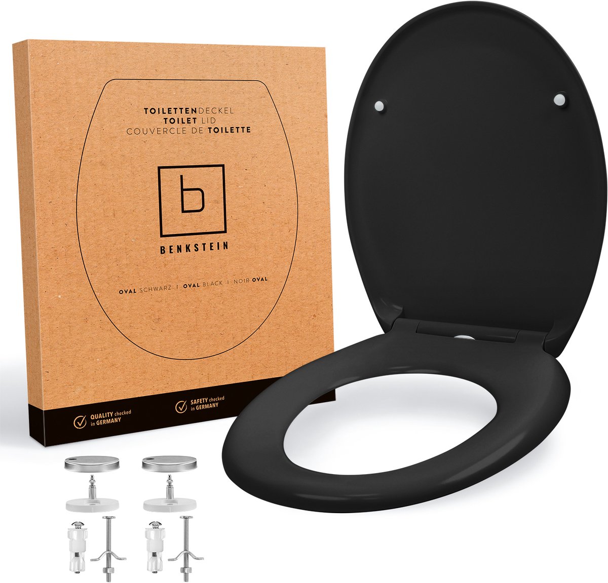 BENKSTEIN Premium toiletbril antibacterieel ovaal zwart - Duroplast toiletbril met quick-release-functie en softclose-sluitsysteem - toiletbril van roestvrij staal afneembaar WC-bril