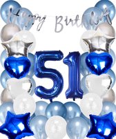 Snoes Ballonnen 51 Jaar Set Mega Blauw Zilver Ballon - Compleet Feestpakket Cijferballon 51 Jaar - Verjaardag Versiering Slinger Happy Birthday – Folieballon – Latex Ballonnen - Helium Ballonnen