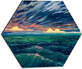 Dibond Hexagon - Schilderij - Kunst - Zee - water - Golven - Zonsondergang - 30x26.1 cm Foto op Hexagon (Met Ophangsysteem)