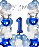 Snoes Ballonnen 1 Jaar Set Mega Blauw Zilver Ballon - Compleet Feestpakket Cijferballon 1 Jaar - Verjaardag Versiering Slinger Happy Birthday – Folieballon – Latex Ballonnen - Helium Ballonnen