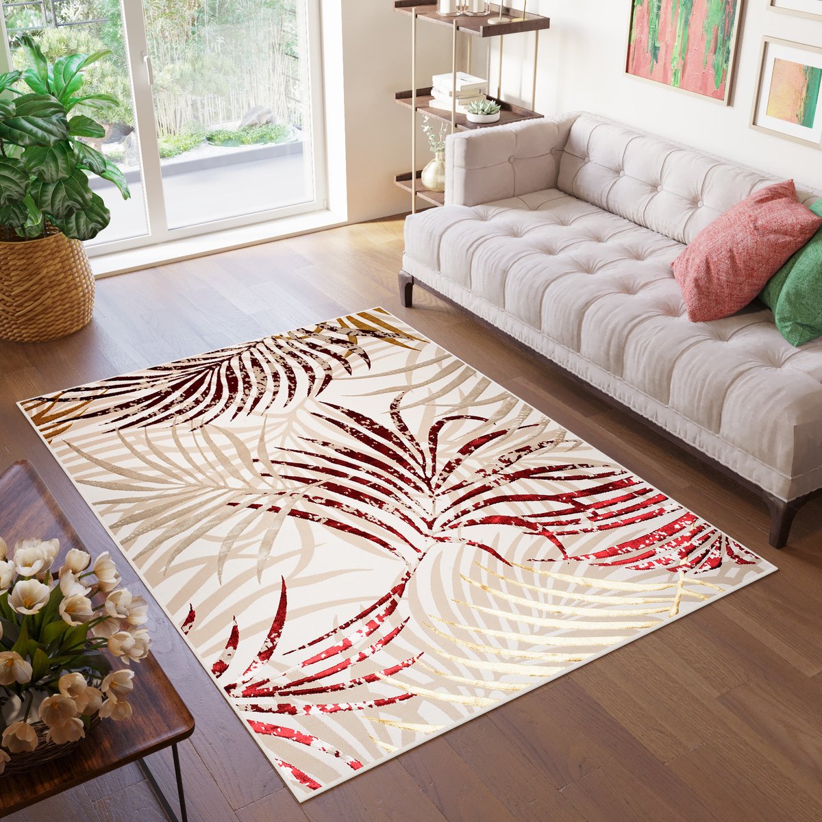 Tapiso Golden Vloerkleed Beige Rood Bladeren Modern Tapijt Maat- 140x200