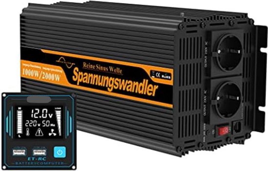 LVYUAN 1100W/ 2200W Omvormer DC 12V naar 220V AC Stroomomvormer Omvormer 2 USB-poorten/EU-stopcontacten
