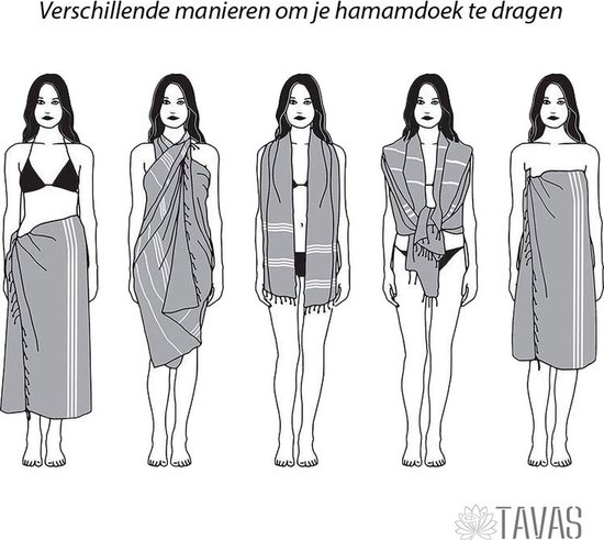 Illustratie van vijf manieren om een gestreepte hamamdoek te dragen als omslagdoek of sarong.