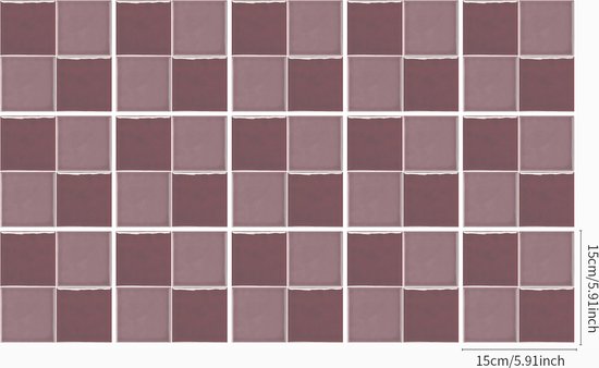 Une grille de 30 carreaux carrés violet lilas, avec les dimensions de 15 cm par carreau indiquées.