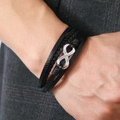 Leerella Echte Leer Armband Dames Heren Infinity – 4 snoer – Zwart Gevlochten Leer - Zilver RVS sluiting - Armband van Gevlochten van Touw – Moederdag Vaderdag Valentijnsdag Verjaardag 20 cm