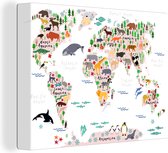 Canvas Wereldkaart - 80x60 - Wanddecoratie Wereldkaart - Kinderen - Dieren