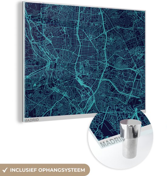 ® Glasschilderij 160x120 cm - Schilderij acrylglas - Blauwe illustratie van de straten in Madrid - Foto op glas - Muurdecoratie woonkamer - Wanddecoratie slaapkamer - Schilderijen