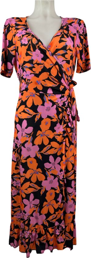 Angelle Milan – Travelkleding voor dames – Roze/Oranje Overslag Jurk – Ademend – Kreukherstellend – Duurzame jurk - In 5 maten - Maat L