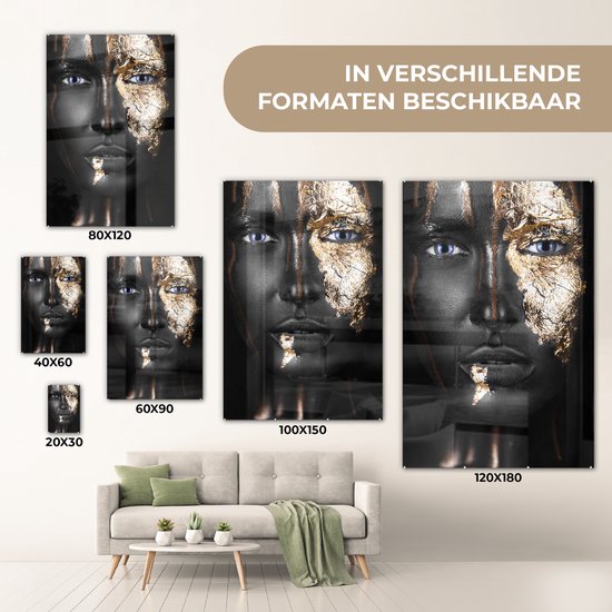 MuchoWow® Tableau sur Verre - Femme - Feuille d'Or - Zwart - Or - Luxe - 80x120 cm - Peintures sur Verre Acrylique - Photo sur Glas