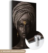 MuchoWow® Glasschilderij 100x150 cm - Schilderij acrylglas - Vrouw - Afrikaans - Goud - Foto op glas - Schilderijen