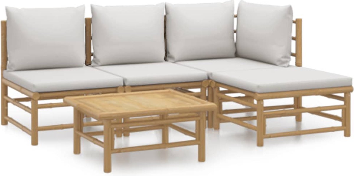 vidaXL 5-delige - Loungeset - met - kussens - bamboe - lichtgrijs