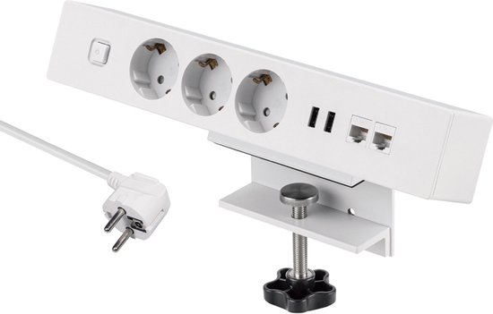 Multiprise MaxTrack avec 3 contacts, 2x USB et 2x RJ45 - pour bureau /  blanc - 1,8 mètres