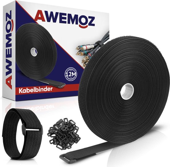 AWEMOZ Attache-câbles Velcro 12 mètres de long - Attaches de câble Fermetures velcro - Organisateur de câbles noir - Gestion des câbles - Organisateur de câbles